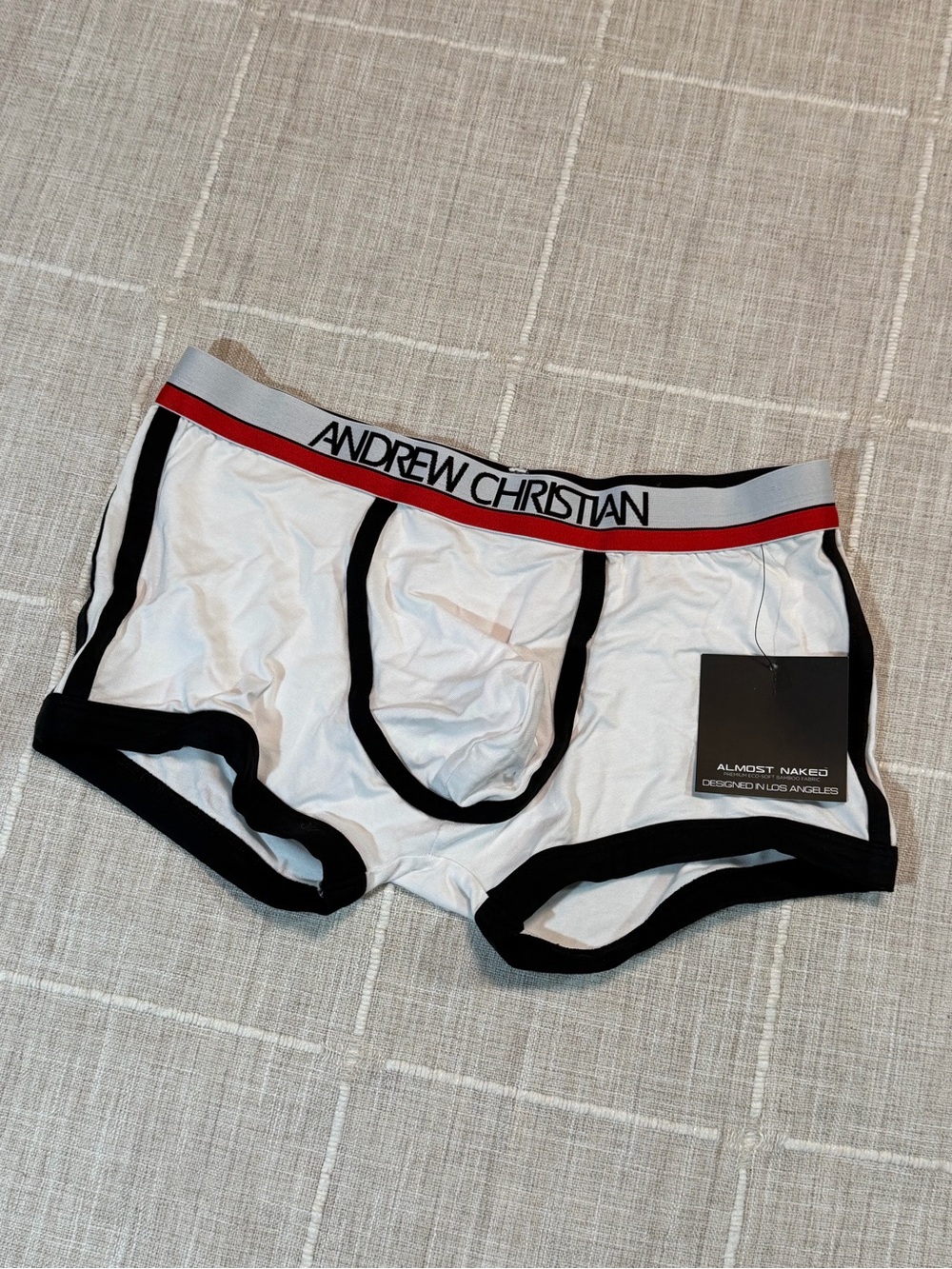 Andrew Christian White Boxer Briefs with Black Trim and Red Waistband